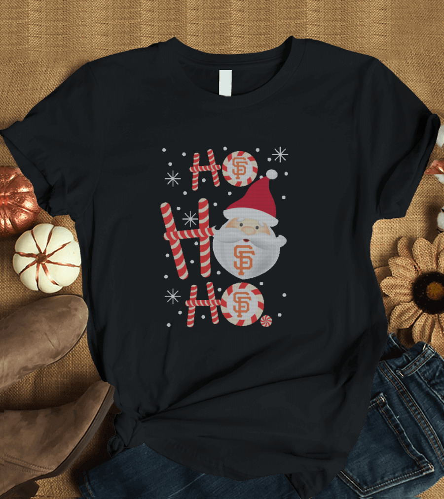 Ho Ho Ho Christmas San Francisco Giants Fans Santa Hat Candy Cane Snowflakes T-Shirt