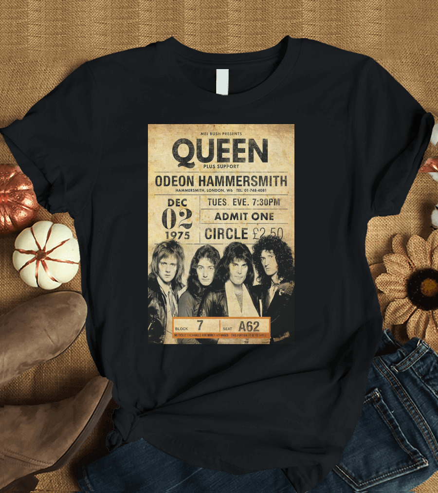 Queen Concert Odeon Hammersmith Dec 02 1975 Admit One Circle 7:30PM Block 7 Seat A62 T-Shirt