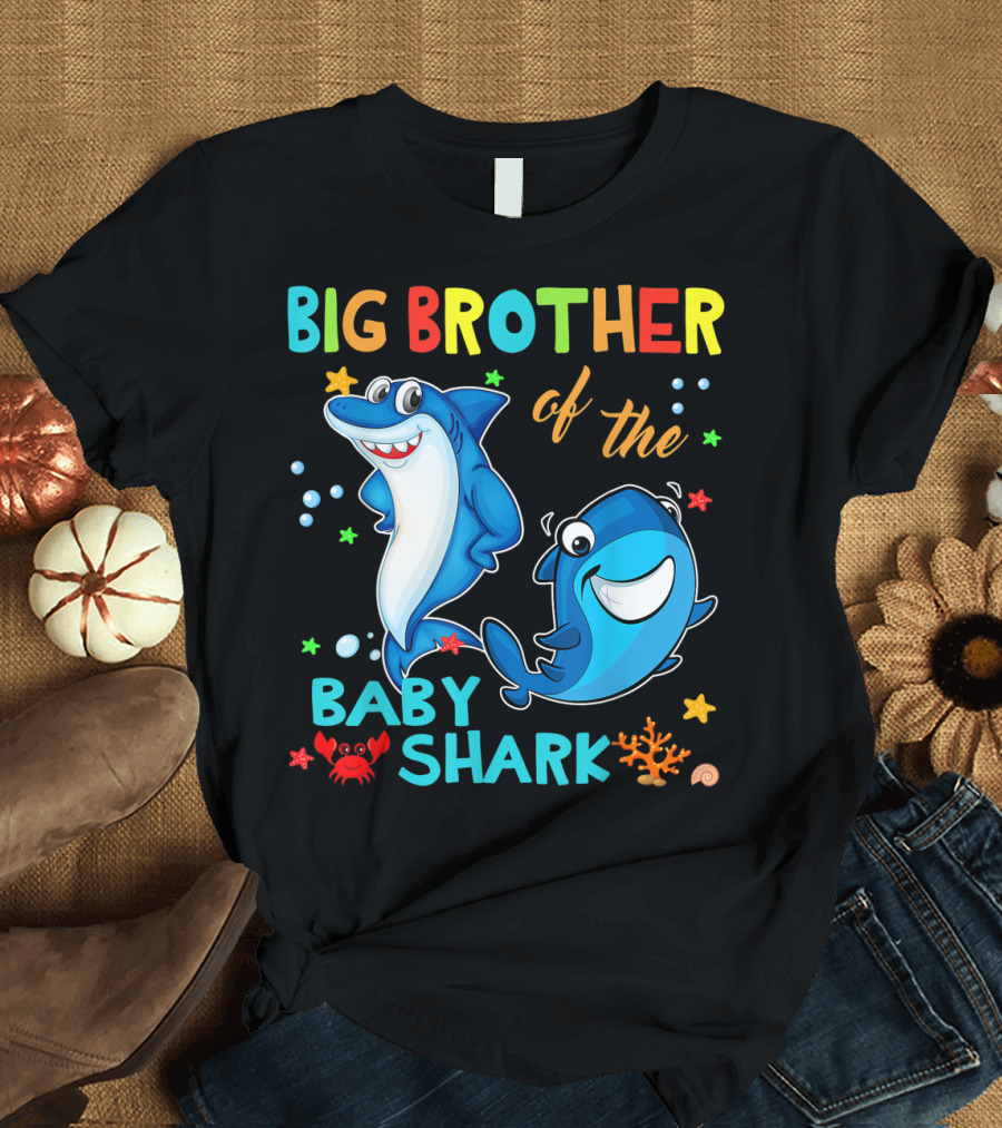 Big Brother of the Baby Shark with Cartoon Sharks and Sea Creatures T-Shirt