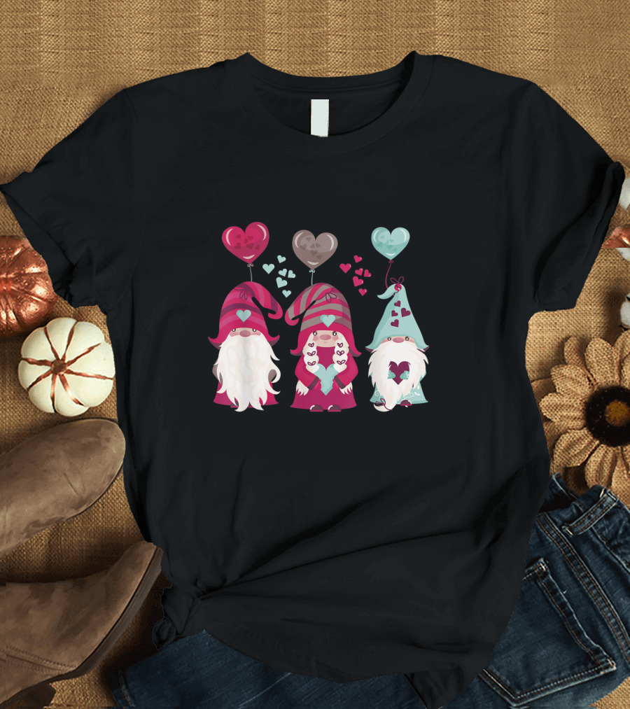 Three Gnomes with Heart Balloons Valentines T-Shirt