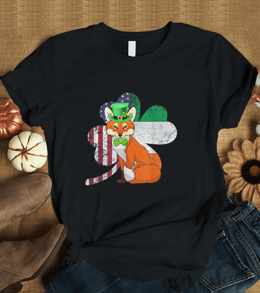 Irish American Flag Shamrock with Bow Tie Fox in Green Hat T-Shirt