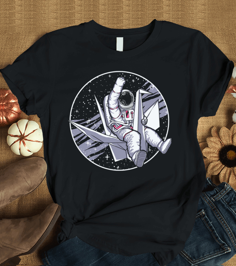 Astronaut Riding Origami Crane in Space Scene T-Shirt