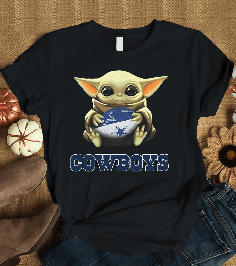 Cowboys Baby Yoda Holding Football Star Wars Crossover T-Shirt