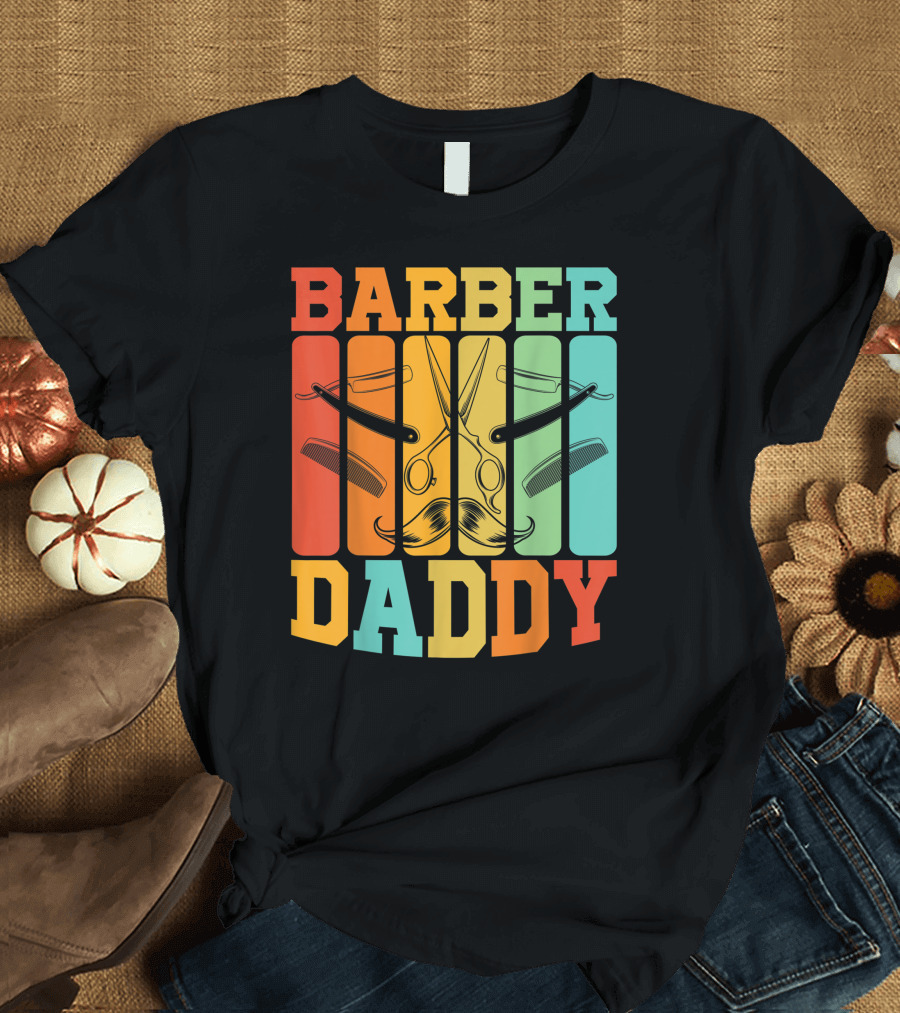 Barber Daddy Scissors and Comb Mustache Style Retro Blocks T-Shirt