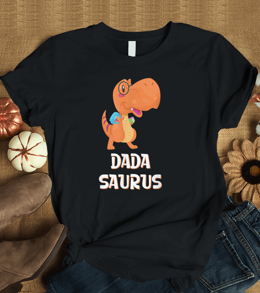Dadasaurus Cute Dinosaur with Glasses and Backpack T-Shirt