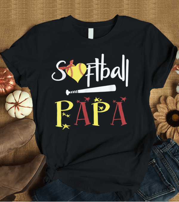 T-Shirt: Softball Papa Heart Bat Stars T-Shirt Softball Papa Heart Bat Stars T-Shirt
