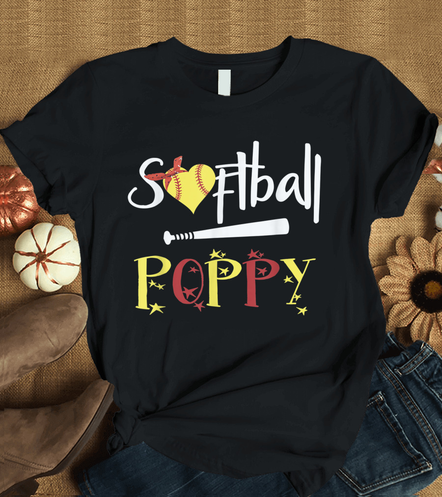 Softball Heart Bat Poppy Stars T-Shirt