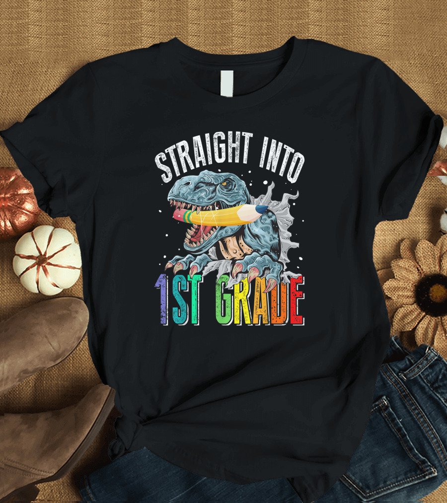 Straight Into 1st Grade Dinosaur Pencil Graphic Back to School T-Shirt