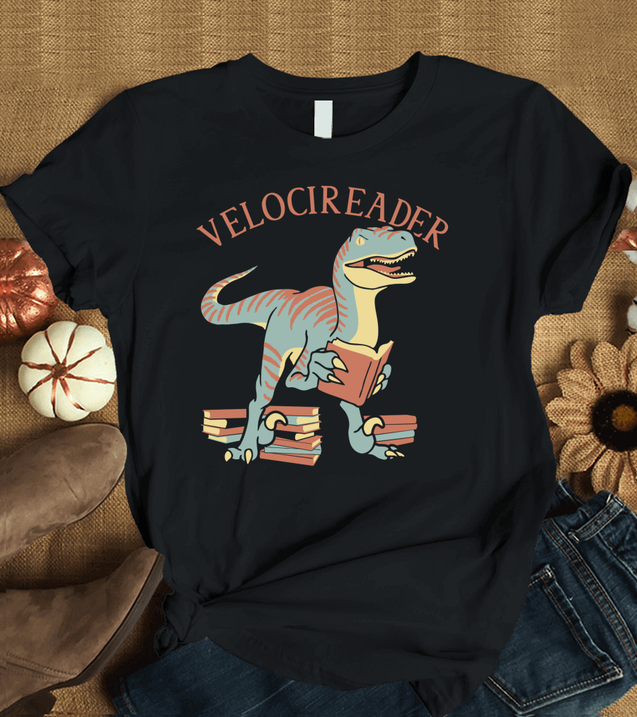 VELOCIREADER Dinosaur Reading Book With Stacked Books T-Shirt