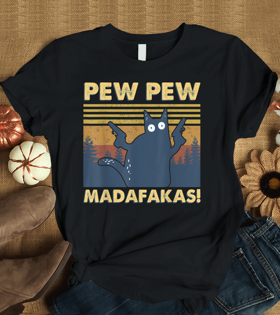 Pew Pew Madafakas Cat Retro Gun-Wielding Forest T-Shirt