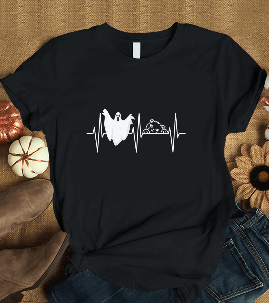 Cats Paranormal Ghost Hunting with Heartbeat Line and Ghostly Cat T-Shirt
