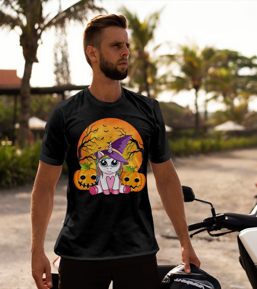 Witchy Unicorn Halloween With Pumpkins And Full Moon T-Shirt