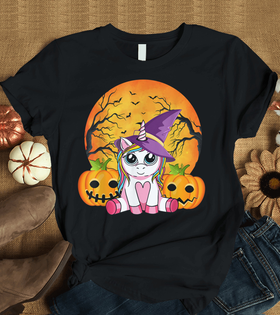 Witchy Unicorn Halloween with Pumpkins and Full Moon T-Shirt