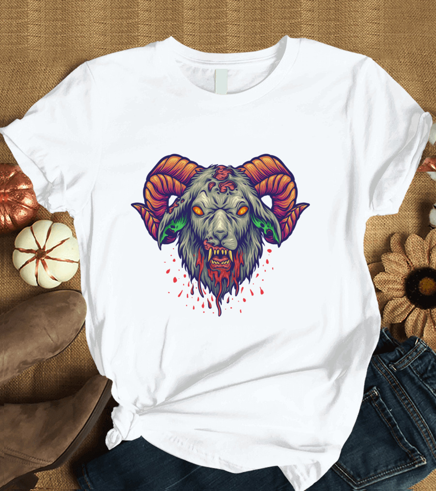 Devil Head Horn Gothic Goat with Blood Splatter and Evil Eyes T-Shirt