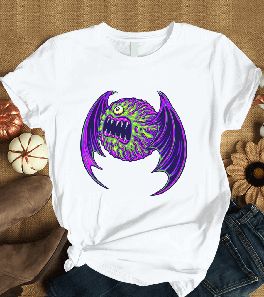 Scary Bat Zombie Monster With Glowing Green and Purple Wings T-Shirt