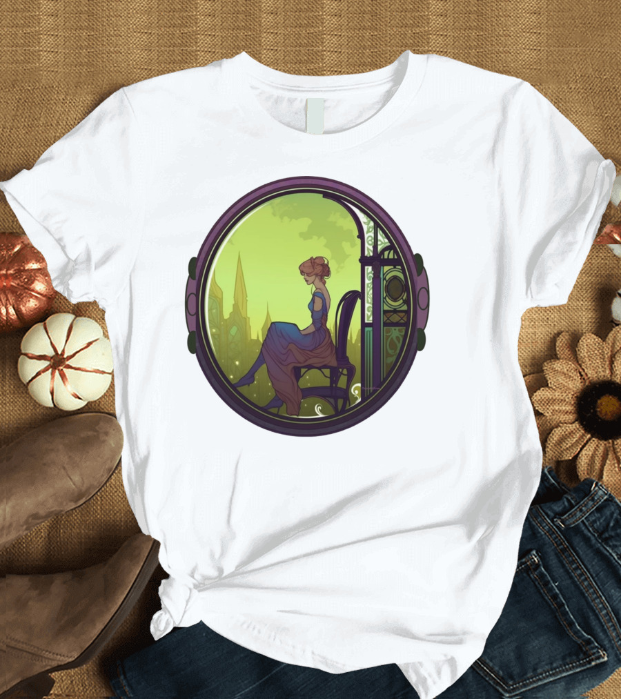 Mysterious Pensive Woman in Enchanted Gothic Cityscape T-Shirt