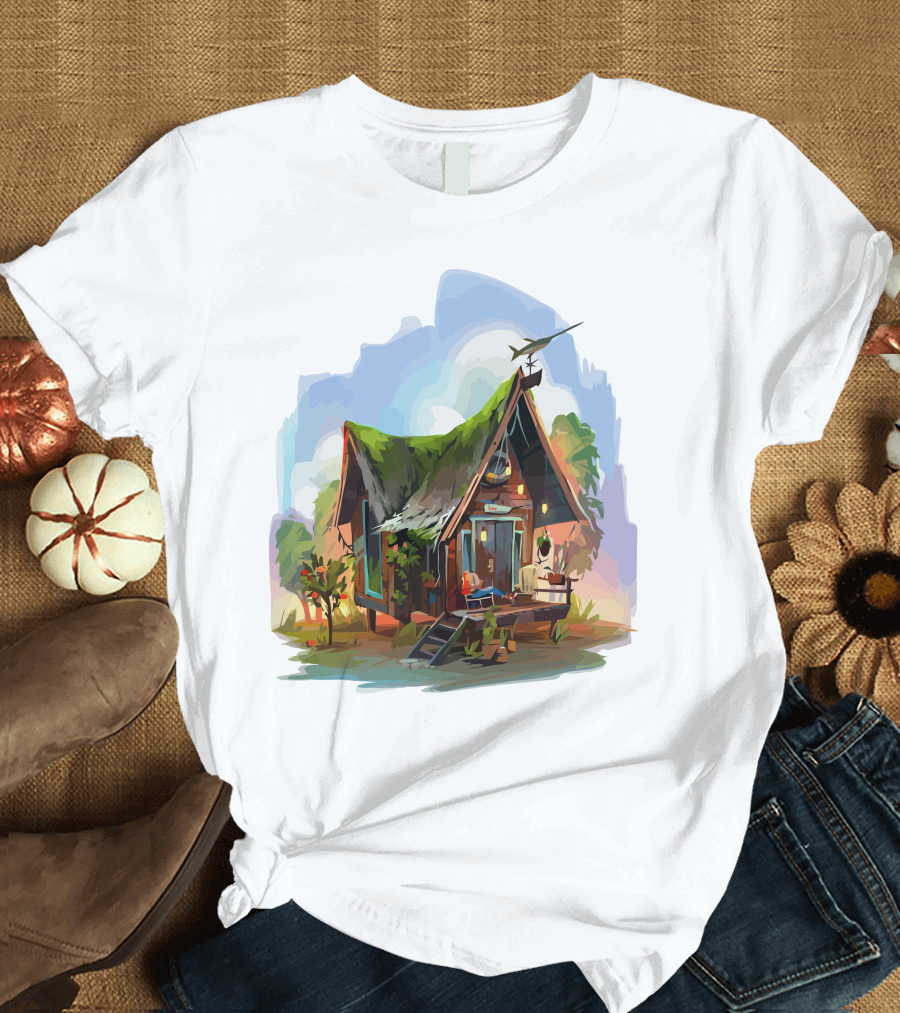 Dream House with Grass Roof and Airplane Sky Scene T-Shirt