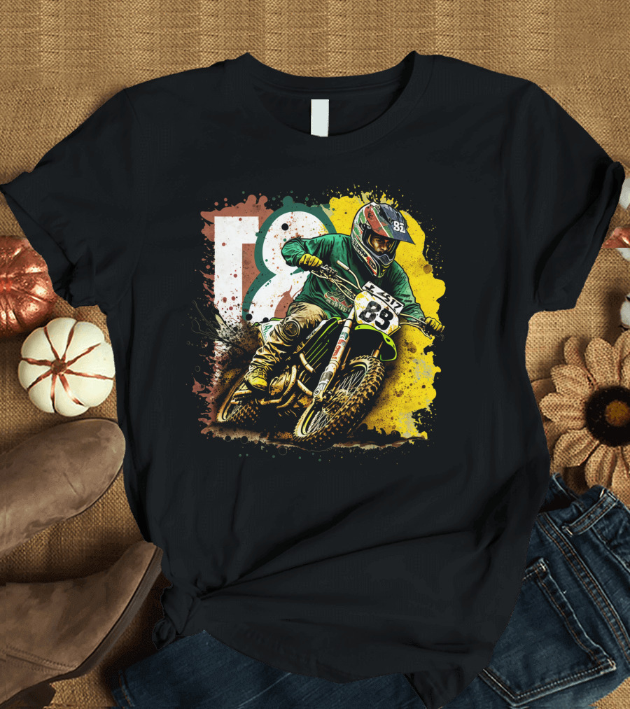 Motocross Racer Dynamic Action with Number 83 and Splatter Background T-Shirt