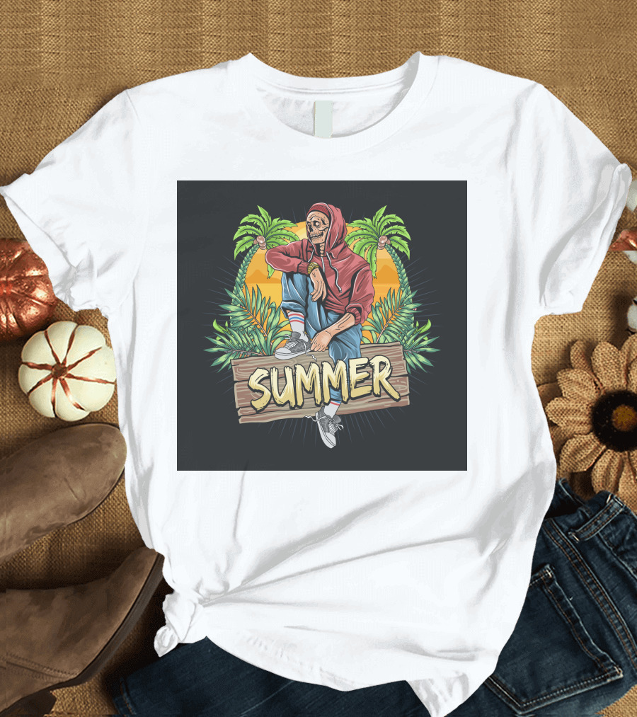 Skull Zombie Summer Tropical Vibes with Palm Trees and Sunset T-Shirt