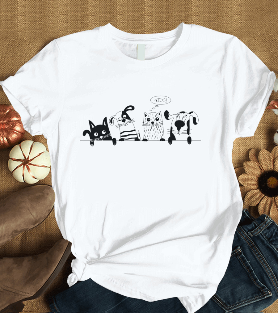 Animal Friends Cat Dog Cartoon with Thought Bubble Fish T-Shirt