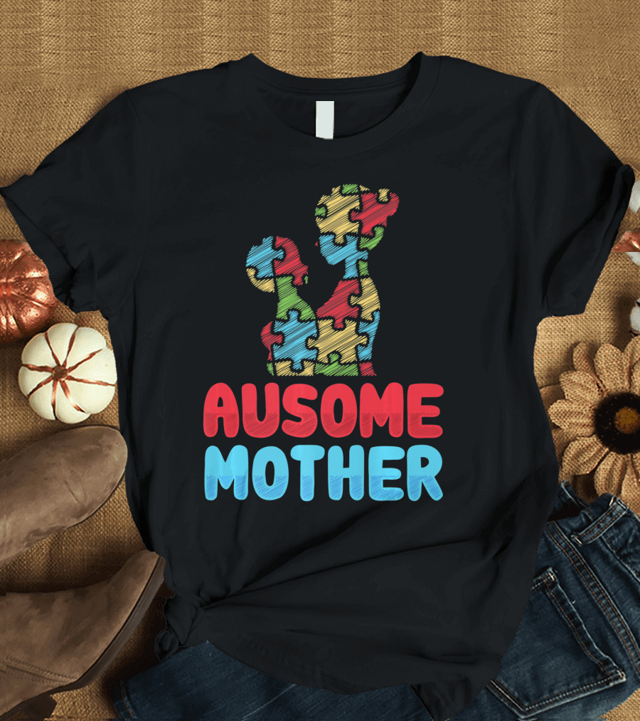 Ausome Mother Colorful Puzzle Piece Autism Awareness T-Shirt