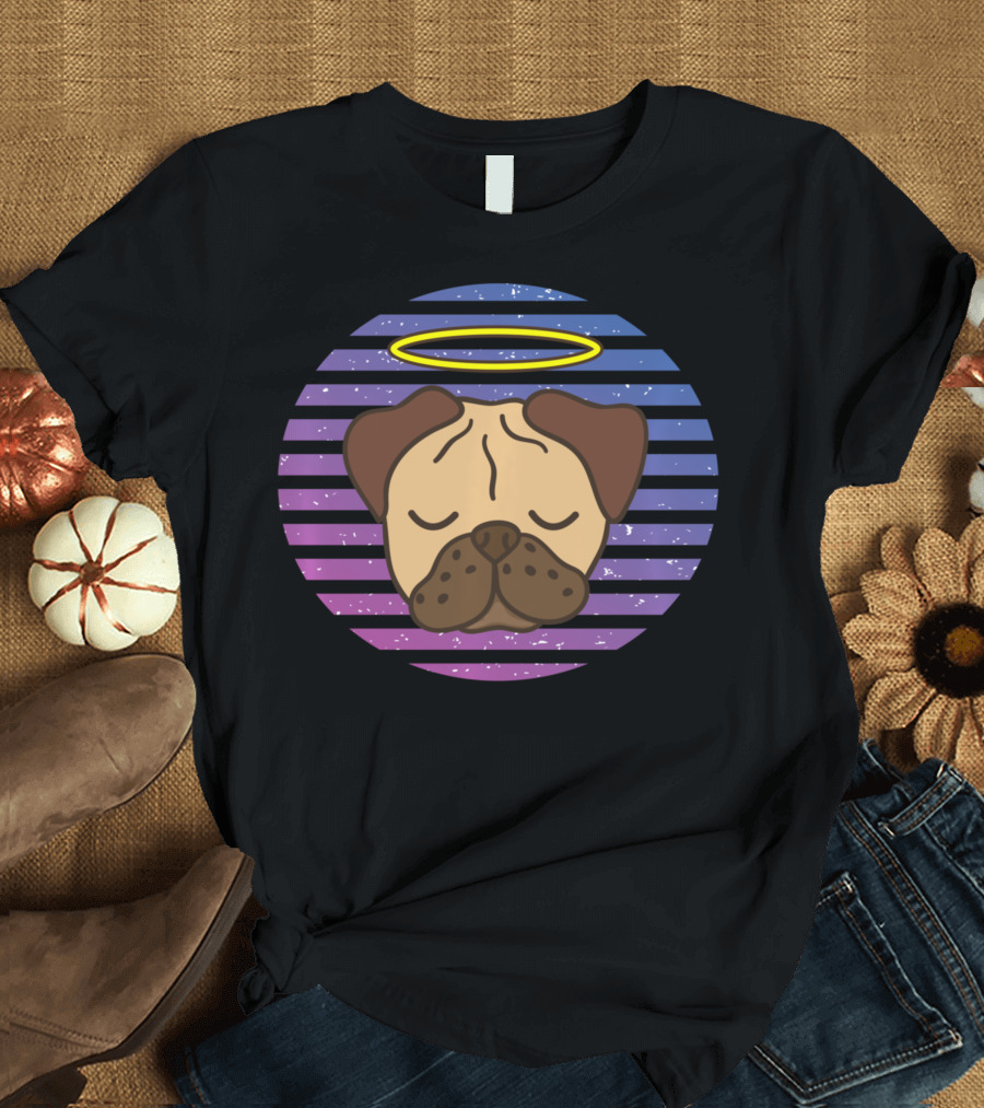 Cute Pug Halo Retro Stripes T-Shirt