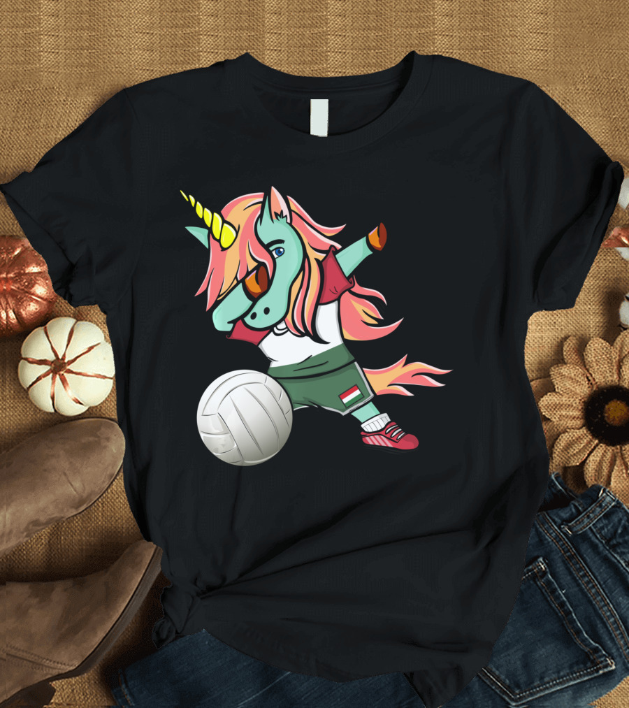 Dabbing Unicorn Hungarian Volleyball Lovers with Flag Jersey T-Shirt