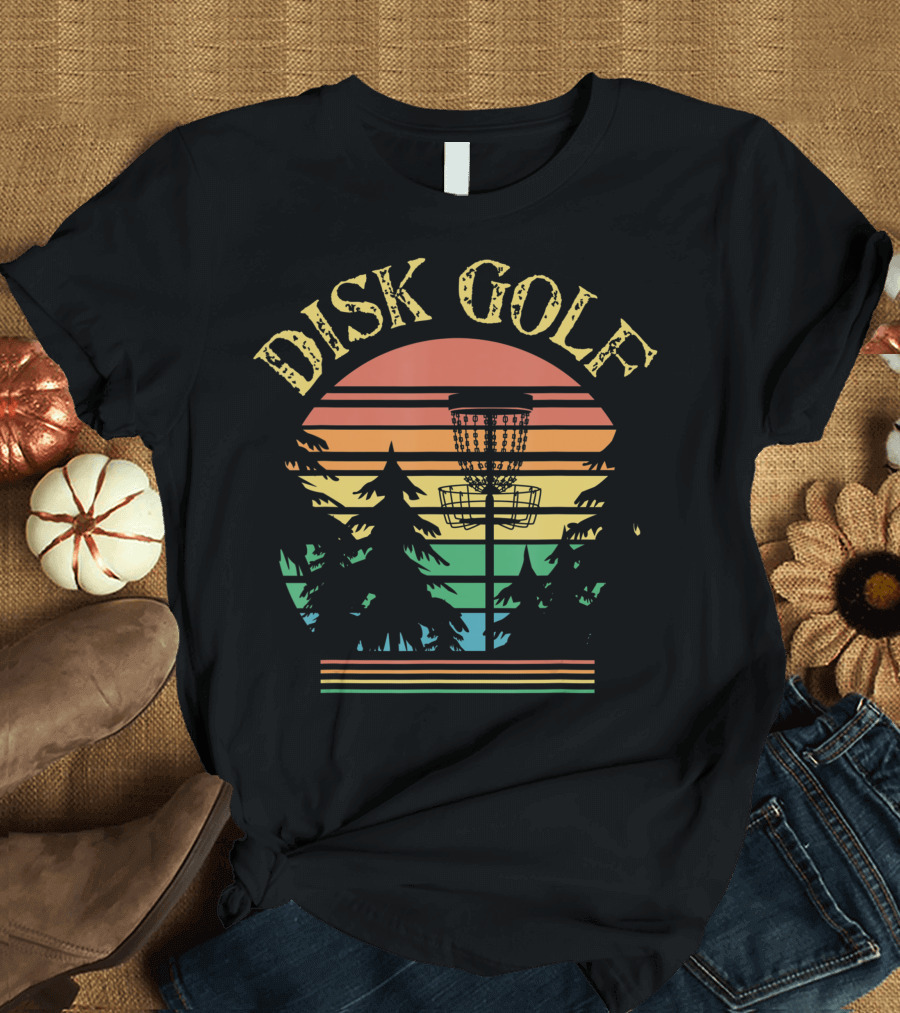 Disk Golf Sunset Forest Basket Scene T-Shirt
