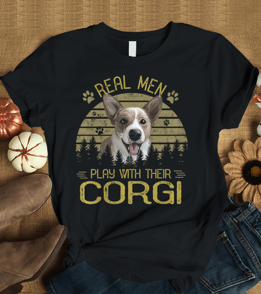 Real Men Play With Their Corgi Dog Adventure Forest Scene T-Shirt