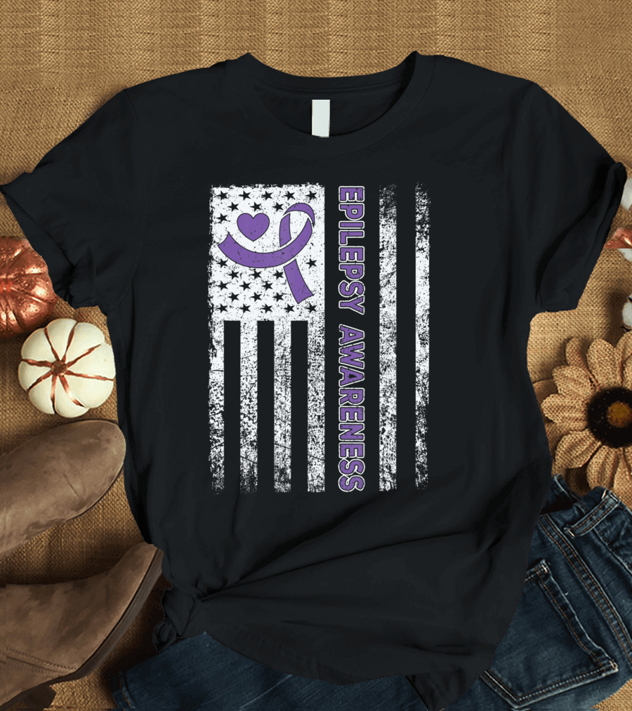 Epilepsy Awareness Flag Purple Ribbon Heart Warrior T-Shirt