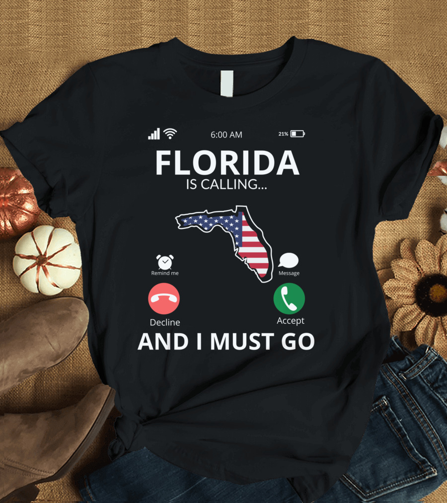 Florida Is Calling And I Must Go American Flag Florida Map T-Shirt