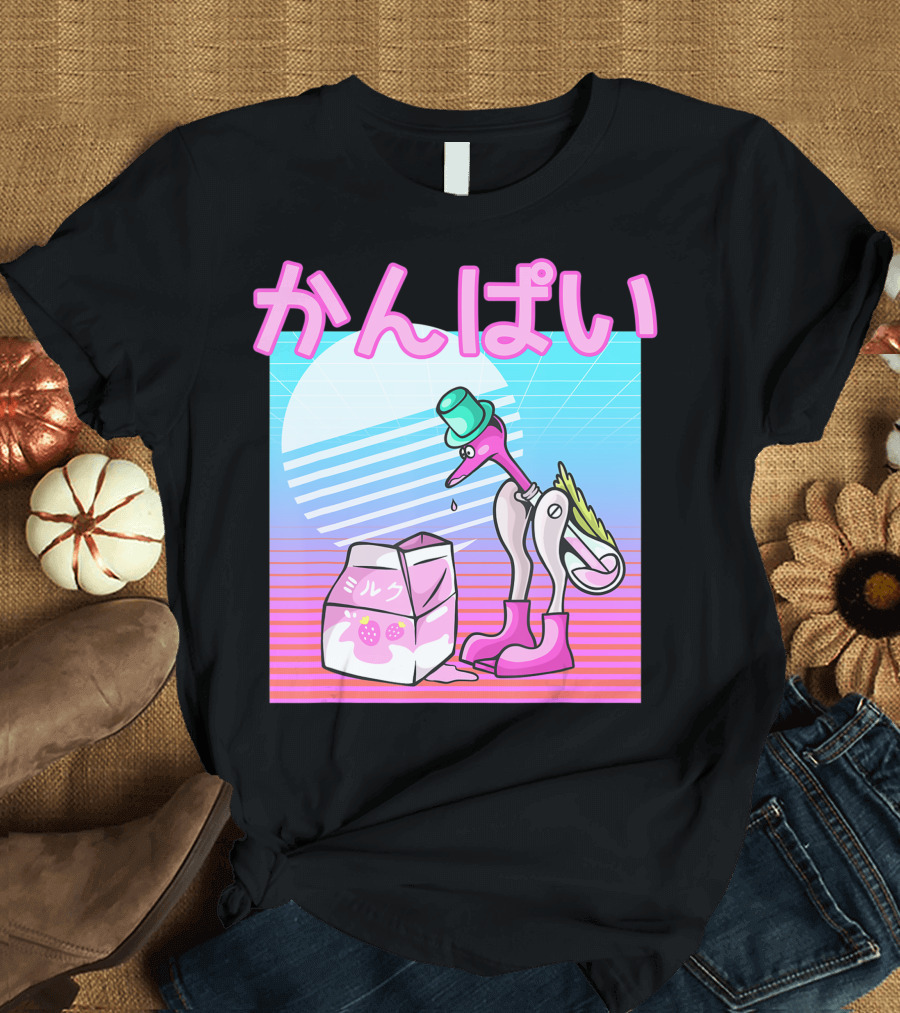 Vaporwave Strawberry Milk Kanpai Drinking Bird Toy Japanese T-Shirt