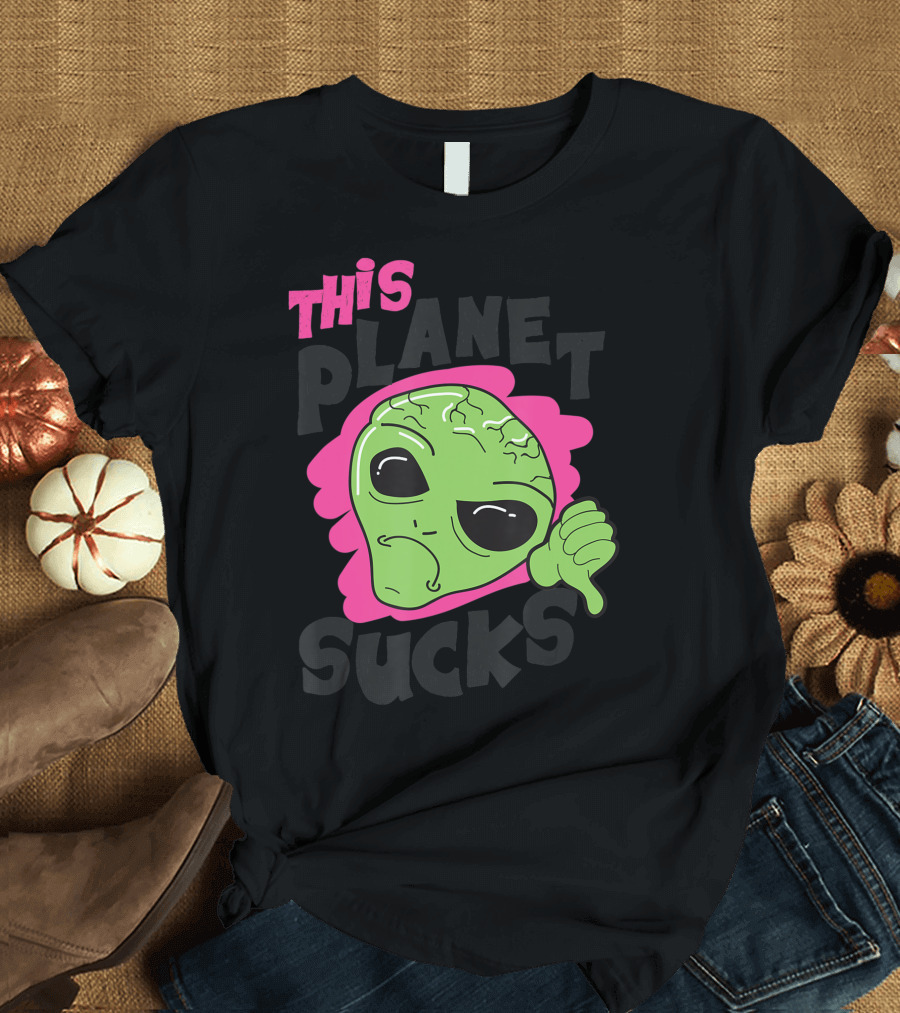 Green Alien Head Face This Planet Sucks Thumbs Down T-Shirt