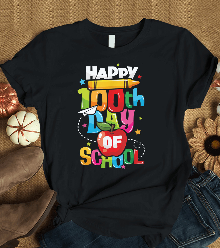 Happy 100th Day of School Teachers Kids Child Colorful Letters Crayon Apple T-Shirt