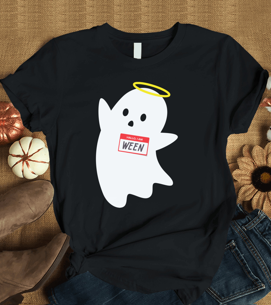 Wholesome Hallo I Am Ween Ghost with Halo and Nametag T-Shirt