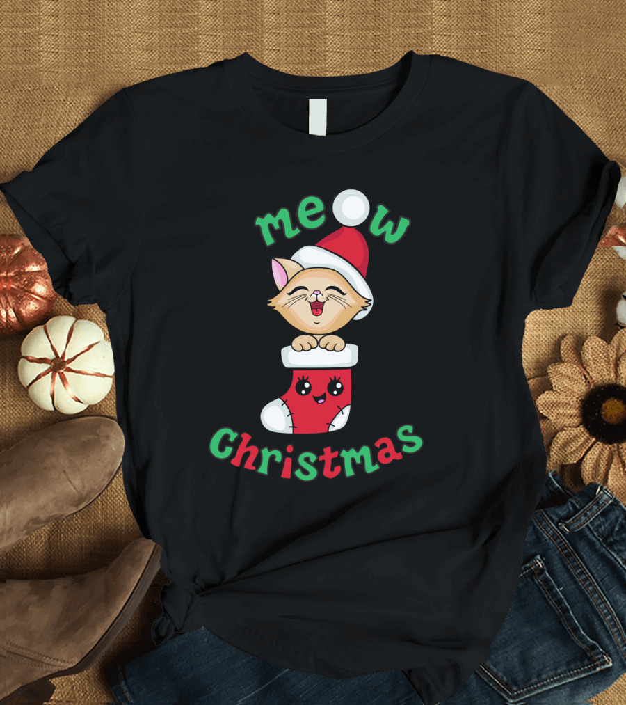 Meow Christmas Cute Kitten in Santa Hat and Stocking T-Shirt