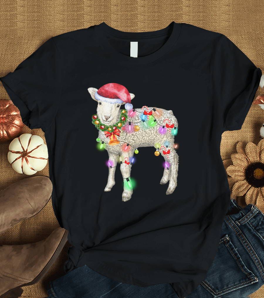 Christmas Sheep with Santa Hat and Holiday Lights T-Shirt