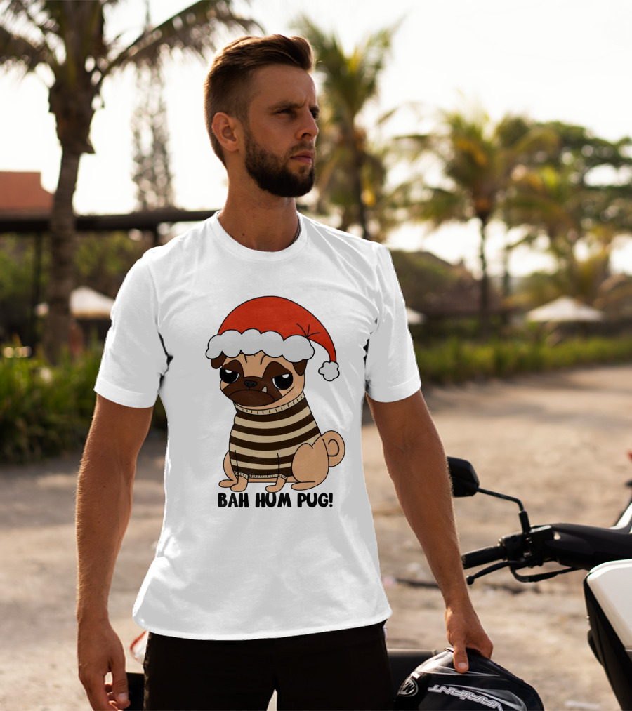 Bah Hum Pug Christmas Santa Hat Grumpy Holiday Pug Stripe T-Shirt