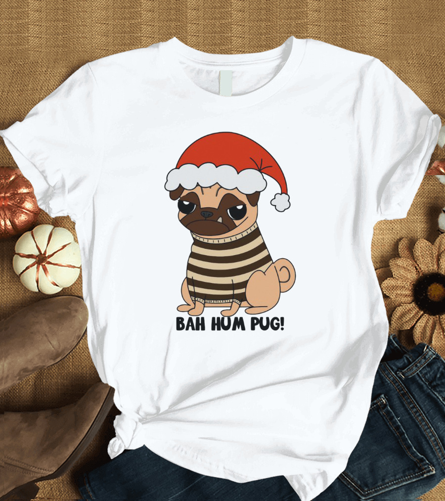 Bah Hum Pug Christmas Santa Hat Grumpy Holiday Pug Stripe T-Shirt