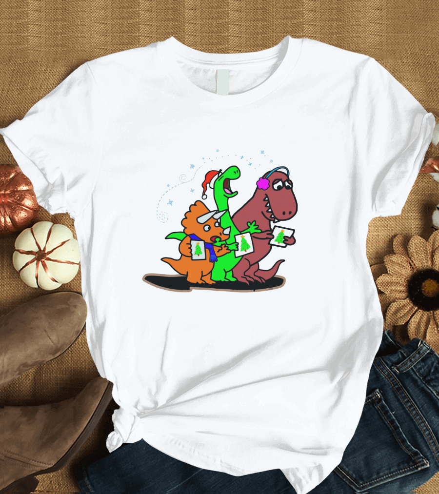 Dinosaur Trio Singing Christmas Carols with Festive Hats and Tree Cards T-Shirt