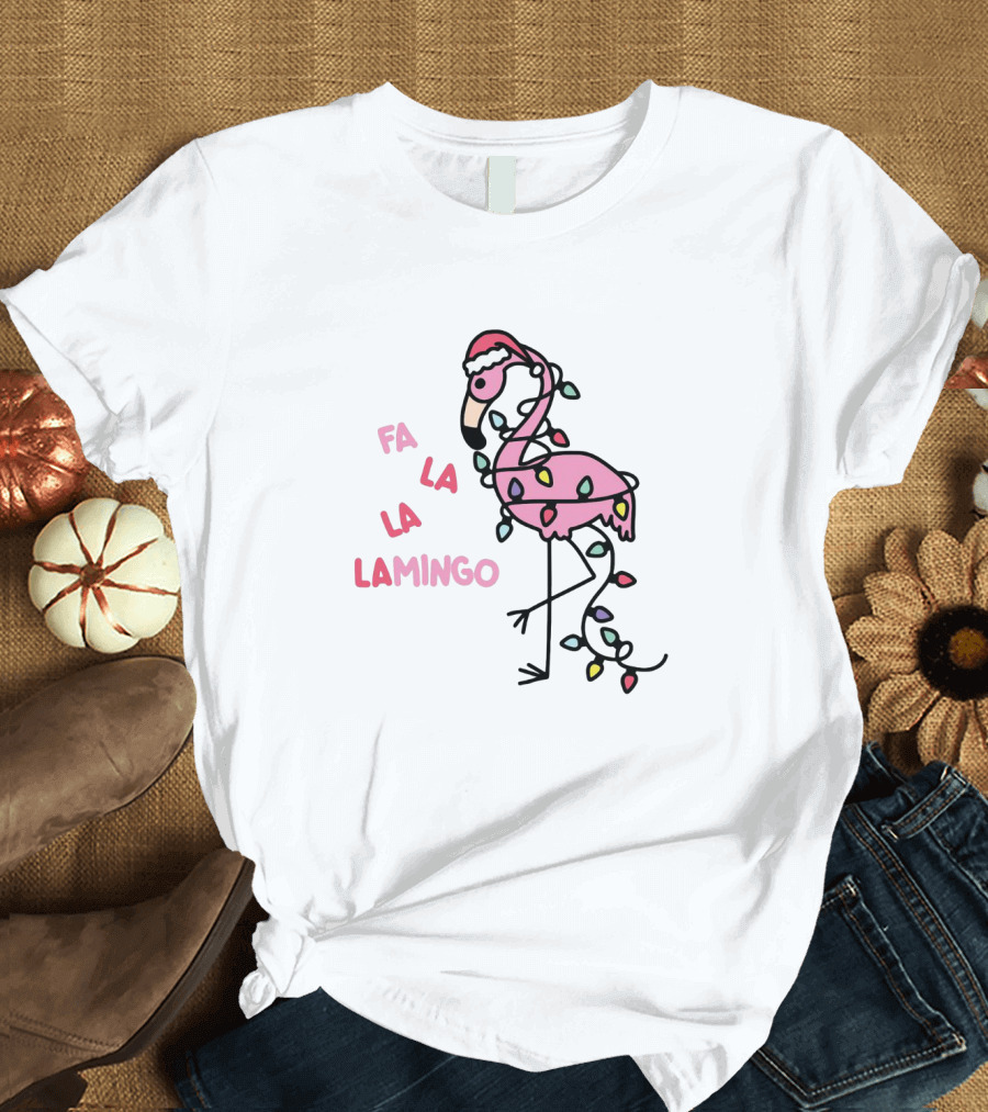 Fa La La Lamingo Christmas Flamingo Lights and Santa Hat Holiday T-Shirt