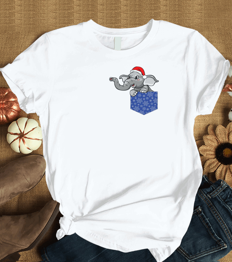 Christmas Holiday Pocket Elephant with Santa Hat and Blue Snowflake Pattern Pocket T-Shirt