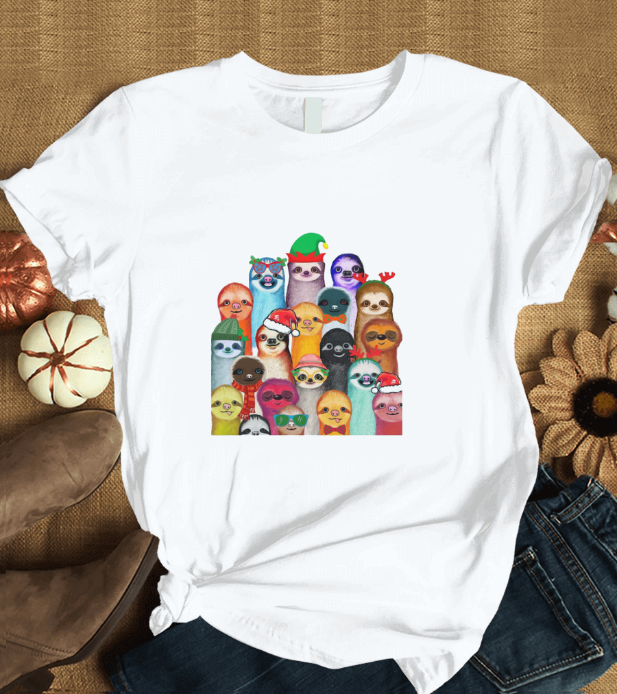 Christmas Sloths Wearing Festive Accessories and Colorful Hats T-Shirt