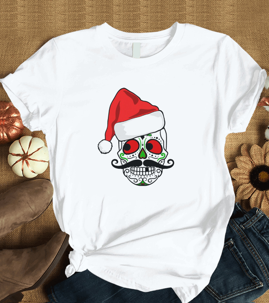 Santa Hat Festive Sugar Skull Christmas T-Shirt