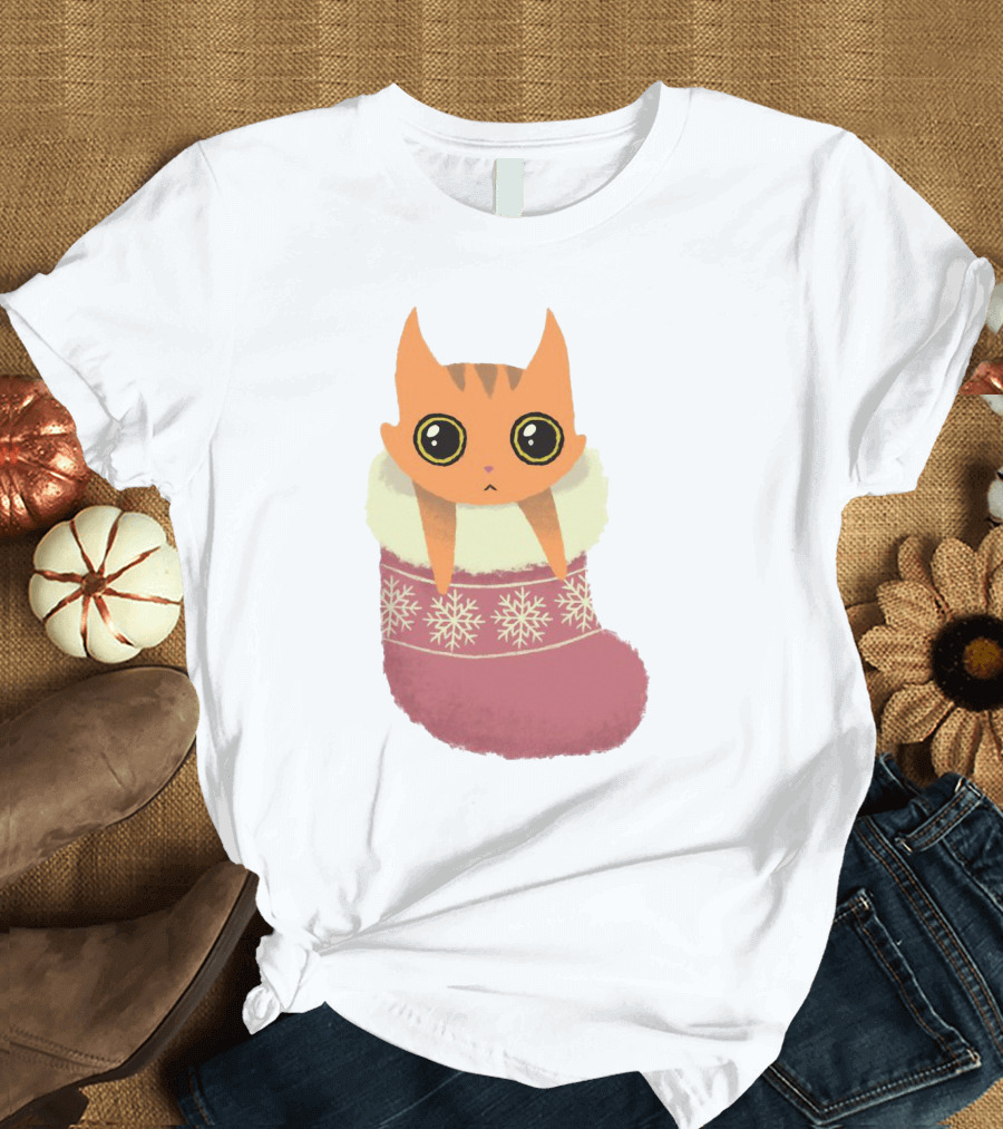 Adorable Orange Cat in Festive Christmas Stocking with Snowflake T-Shirt
