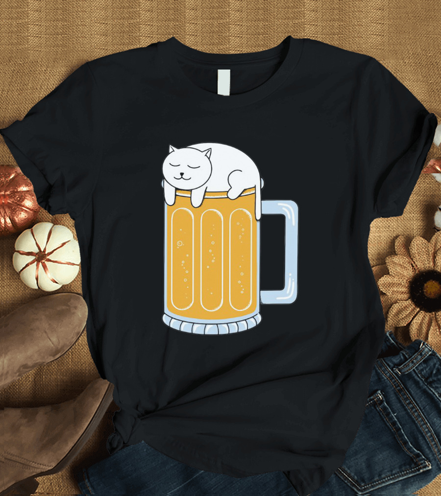 Cat Sleeping on Beer Mug Clipart T-Shirt