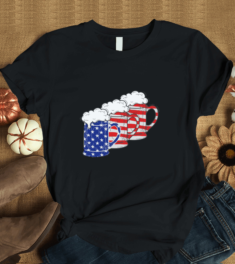 American Flag Beer Mugs 4th of July Merica USA T-Shirt