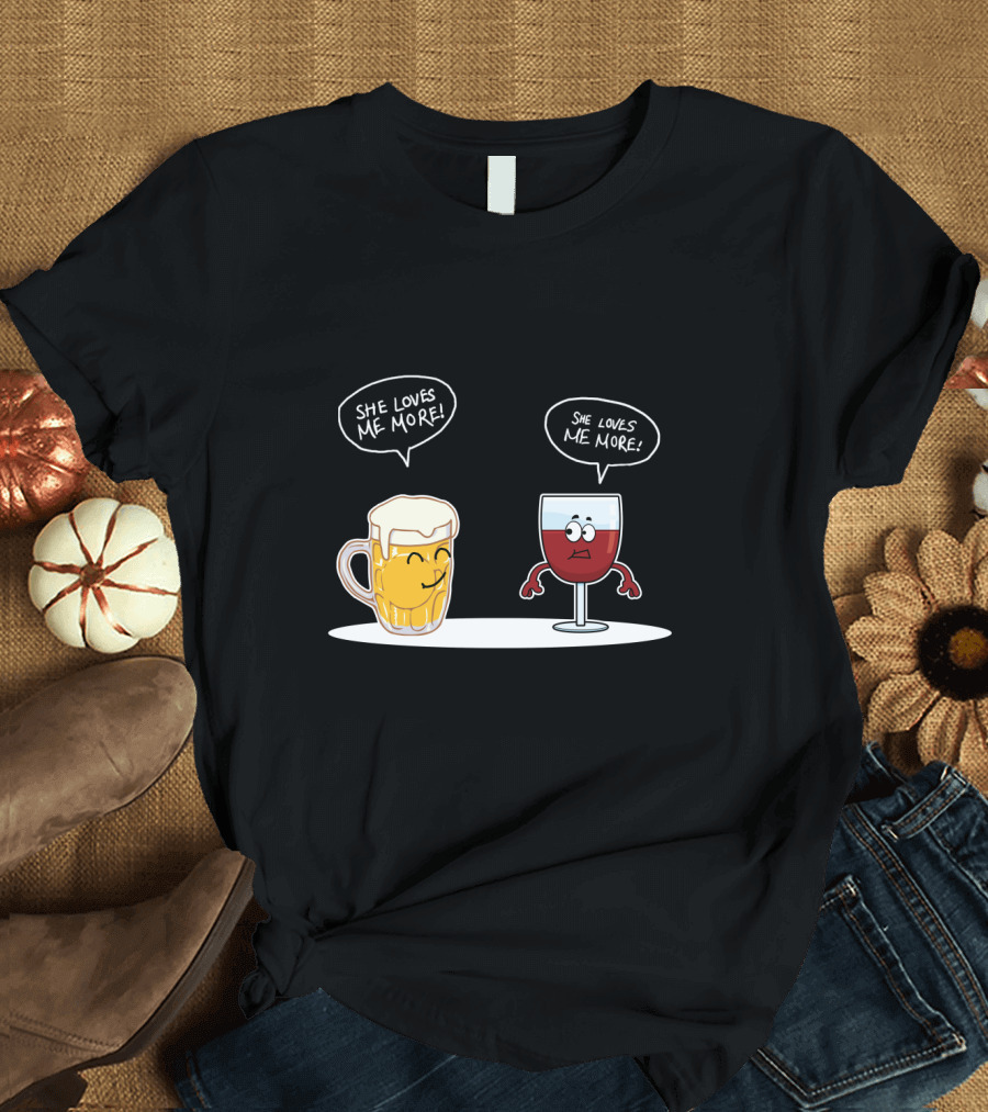 Beer and Wine Cartoon Debate: She Loves Me More Playful Rivalry T-Shirt