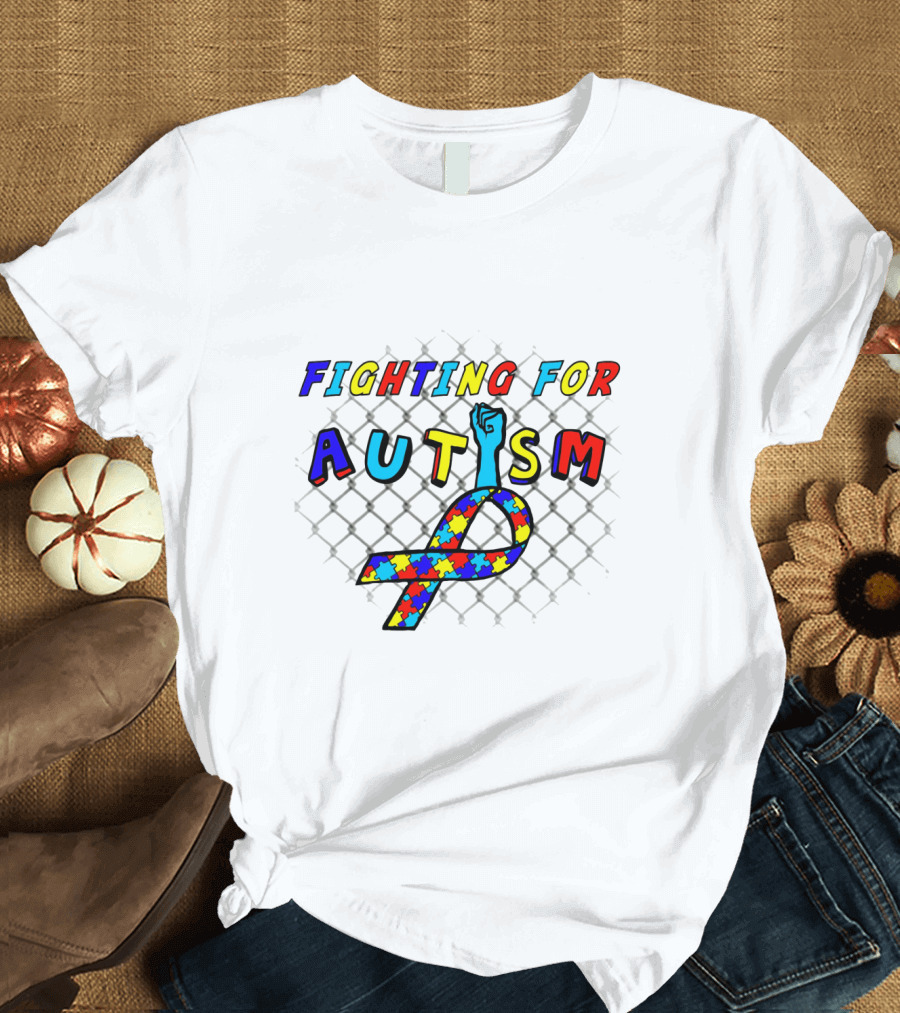 Fighting for Autism Puzzle Ribbon with Chain Link Background and Fist T-Shirt
