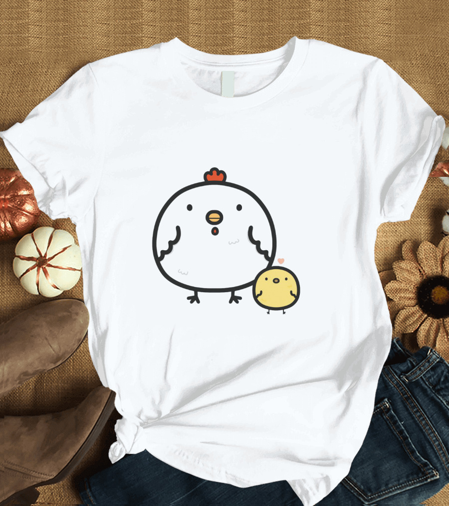 Cute Round Chick and Chicken Duo with Heart Accent T-Shirt